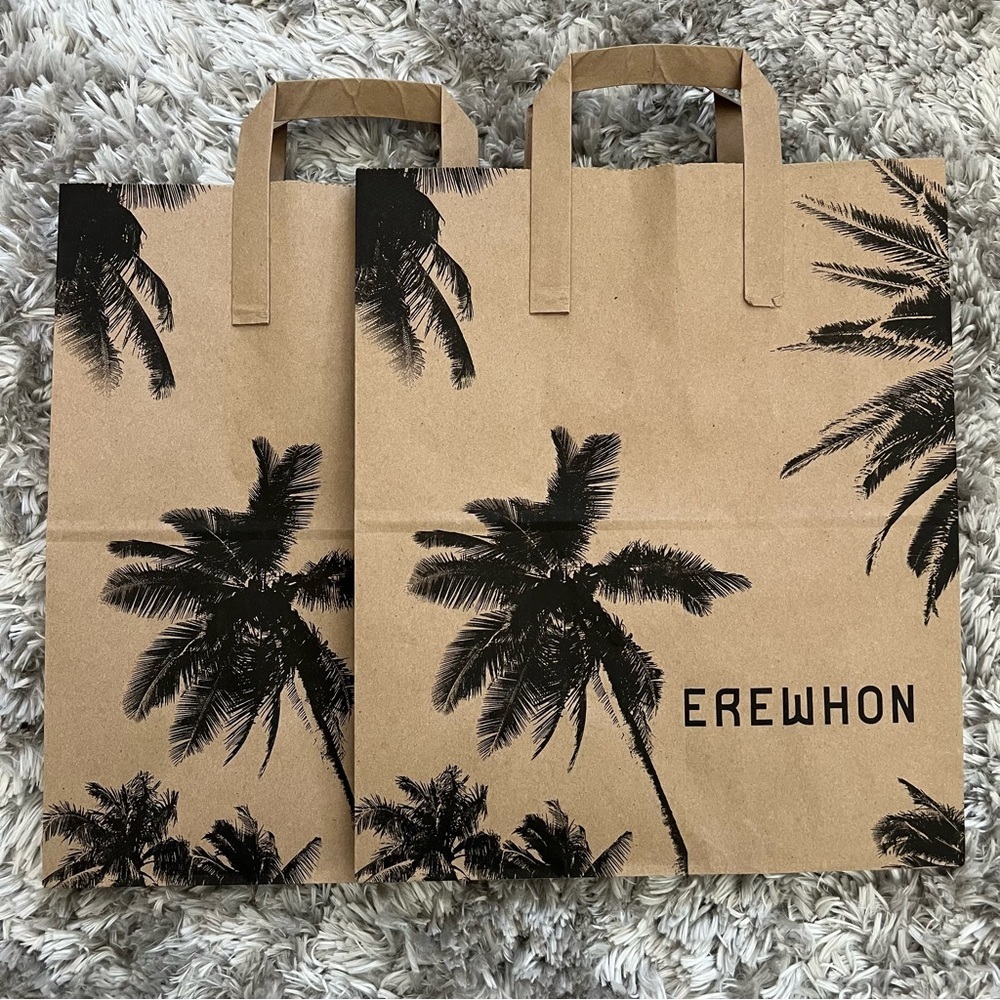 Erewhon Logo Palm Tree Recycled Paper Tote Bags 2 Grocery Bags Handles L.A Luxe